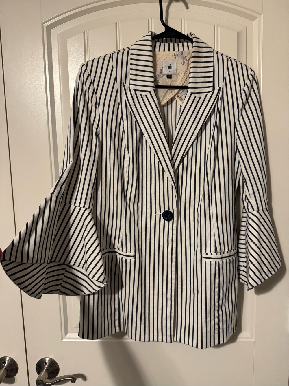 CAbi White and Navy Vertical Stripe Bell-Sleeve Blazer